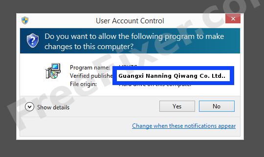 Screenshot where Guangxi Nanning Qiwang Co. Ltd. appears as the verified publisher in the UAC dialog